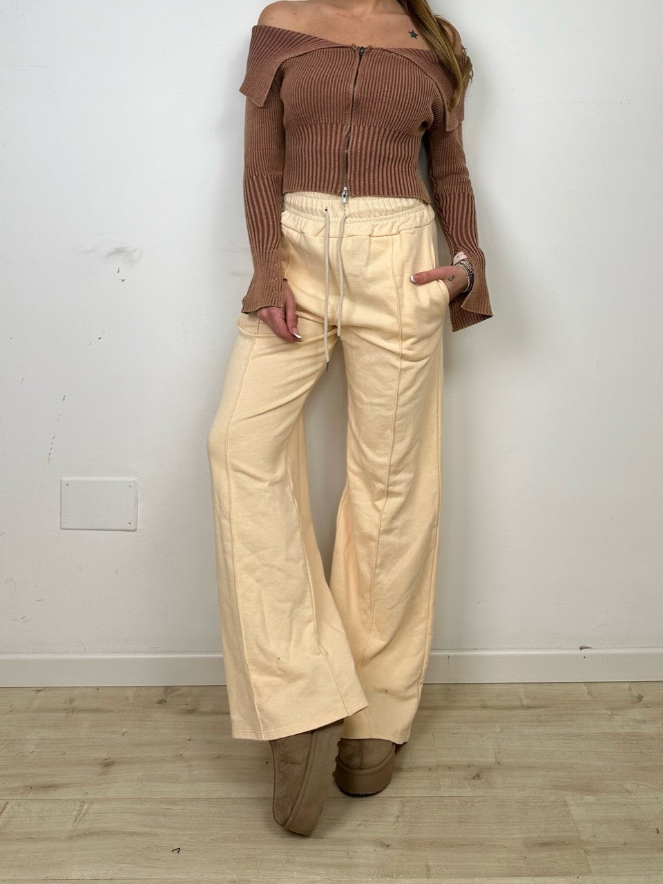 PANTALONI JOGGERS WIDE LEG BEIGE