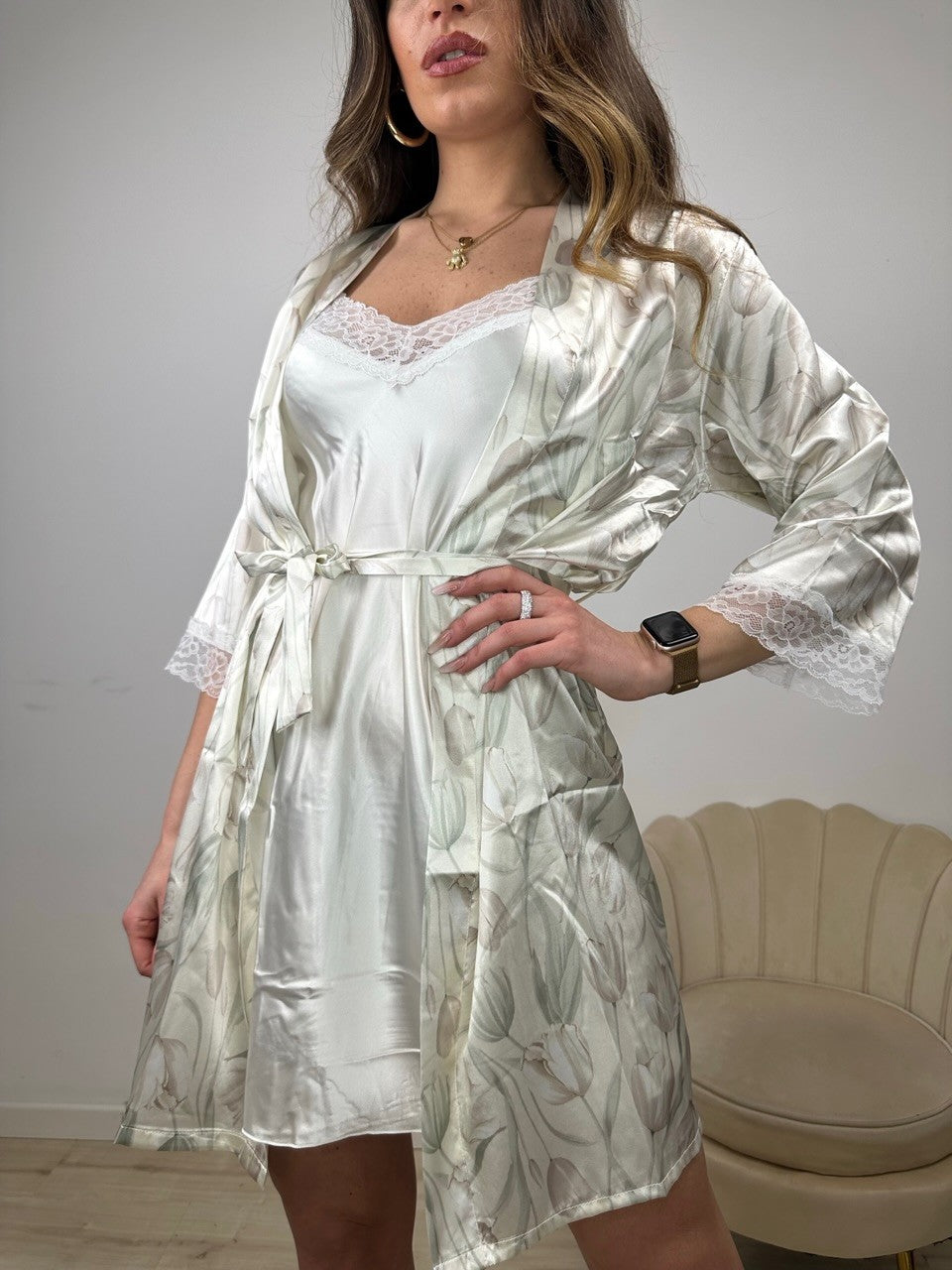 SET PIGIAMA BEIGE: KIMONO + VESTITO