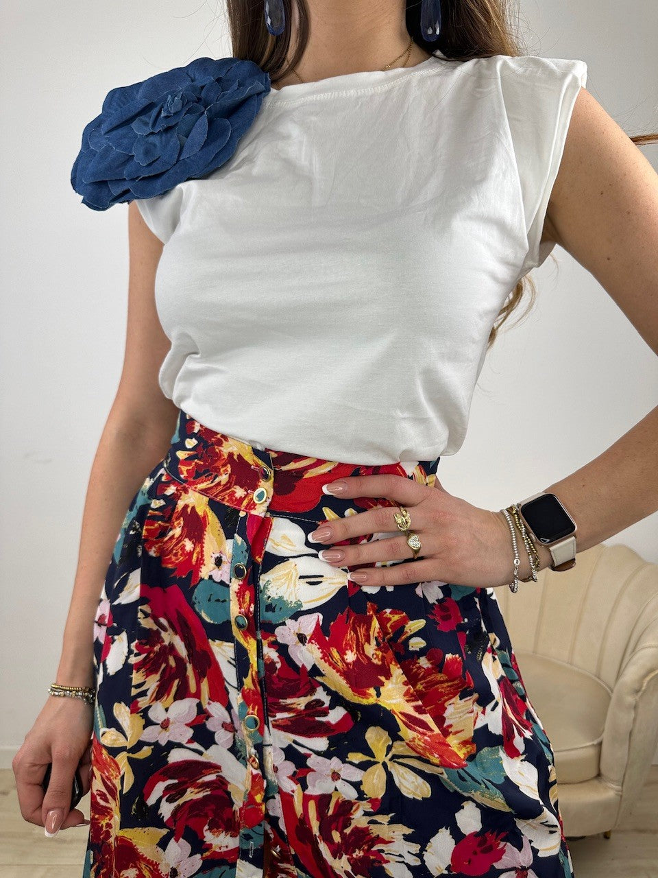 CANOTTA FIORE DENIM BIANCA