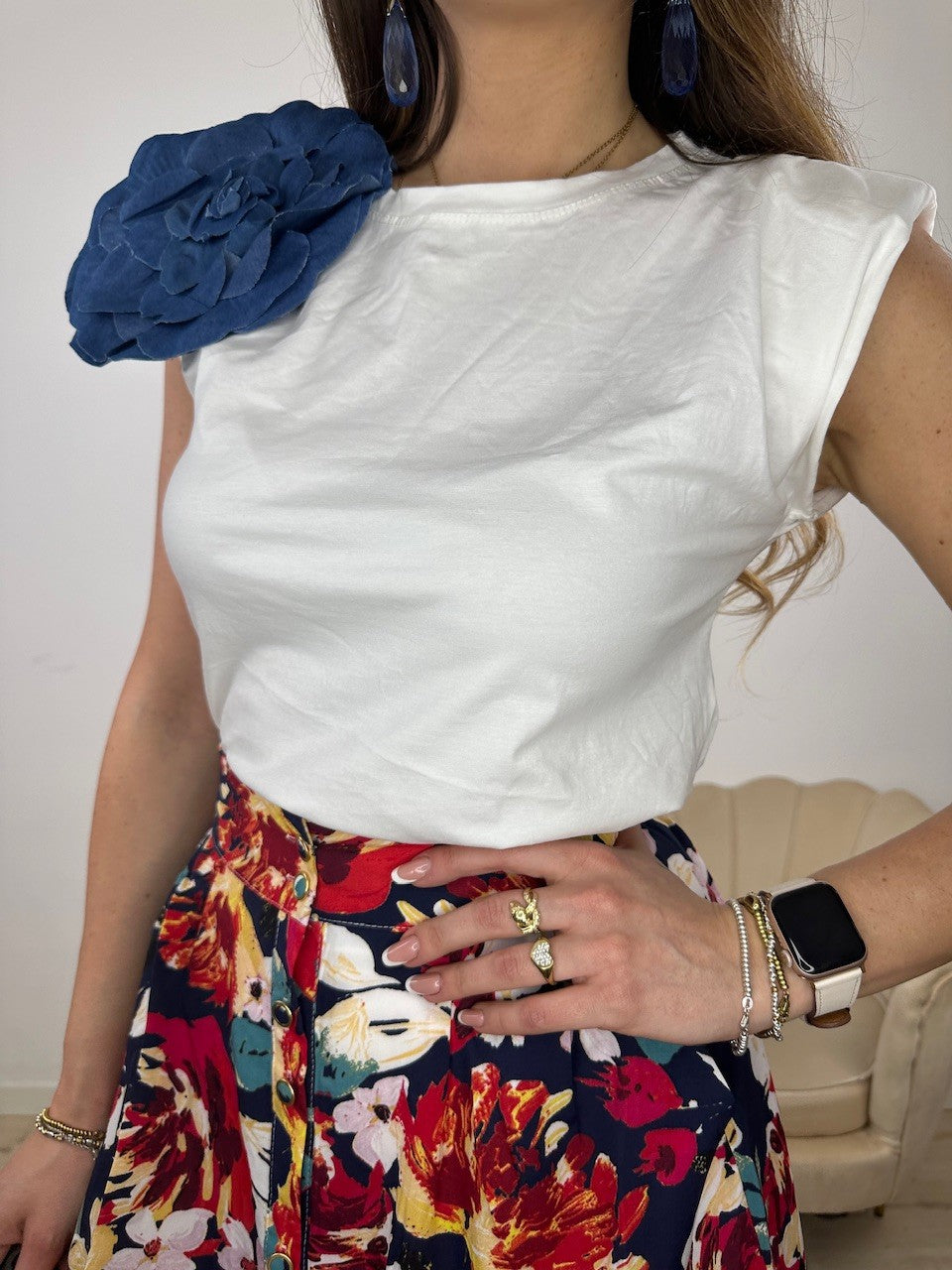 CANOTTA FIORE DENIM BIANCA