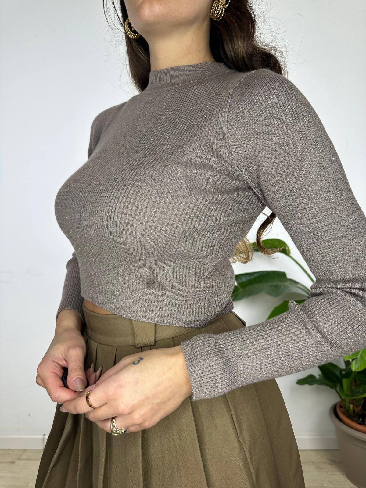 MAGLIA CROP LAMINATA CAMEL
