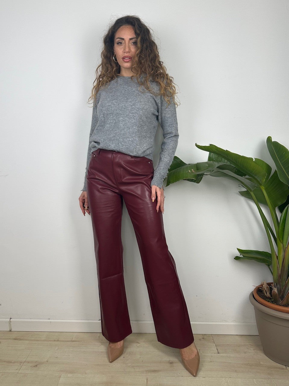 PANTALONI ECOPELLE WIDE LEG BORDEAUX