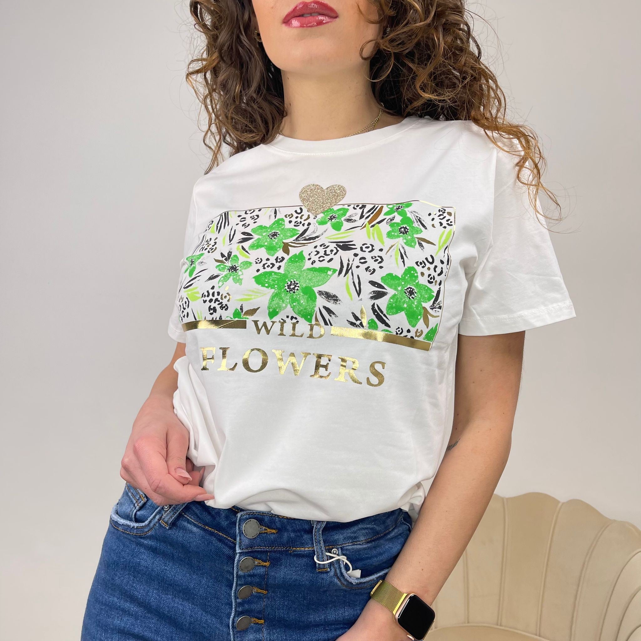 T-SHIRT STAMPA FIORI VERDE