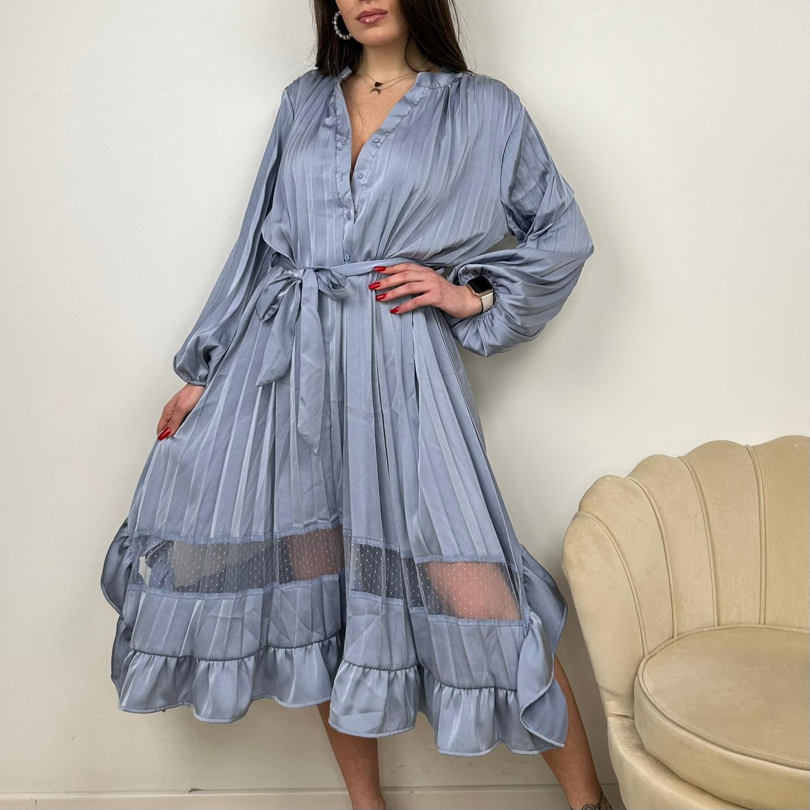 DRESS PLISSE' SATIN AZZURRO