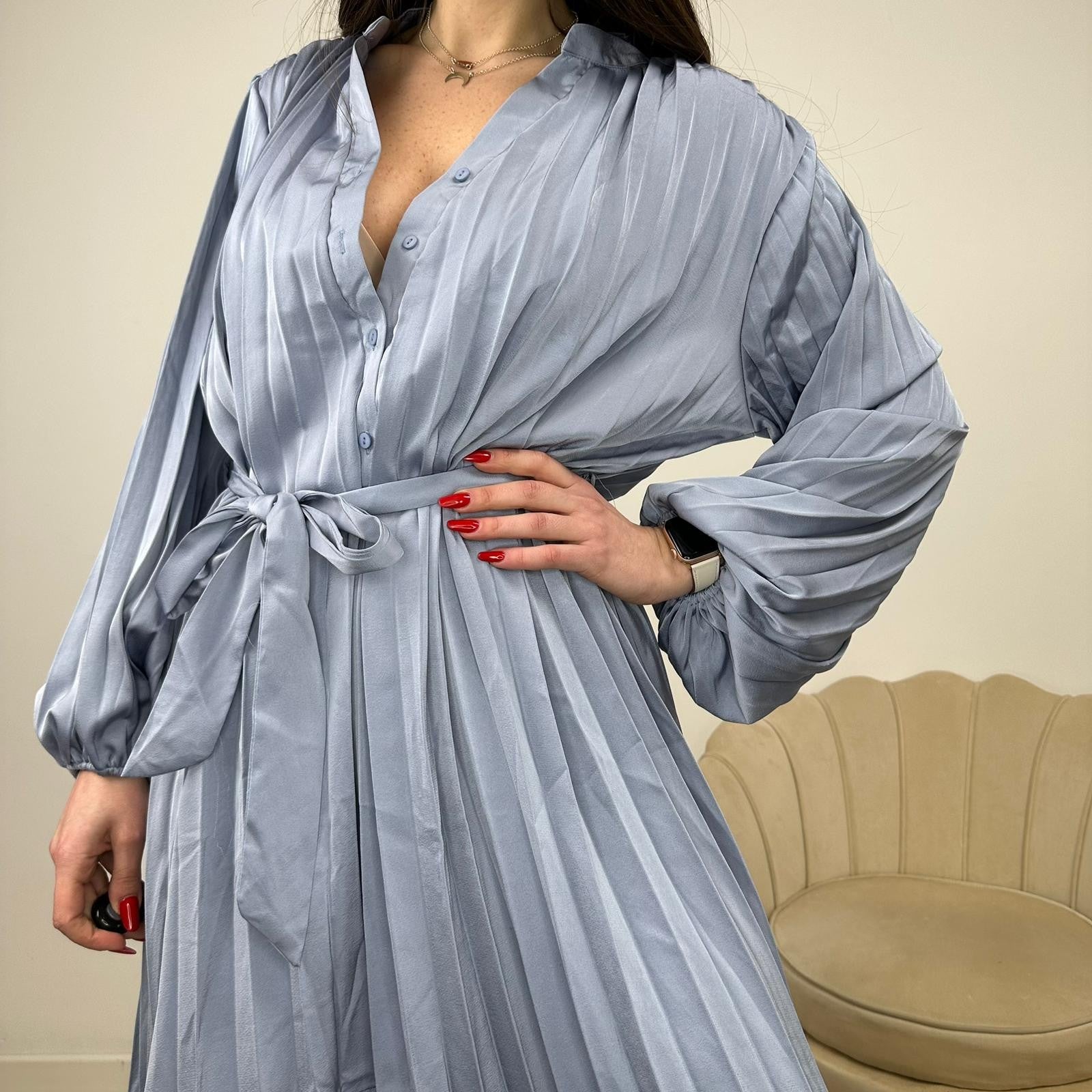 DRESS PLISSE' SATIN AZZURRO