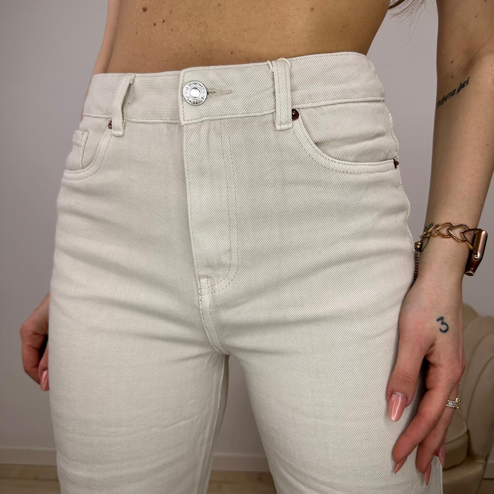 JEANS WIDE LEG RIPPED BEIGE