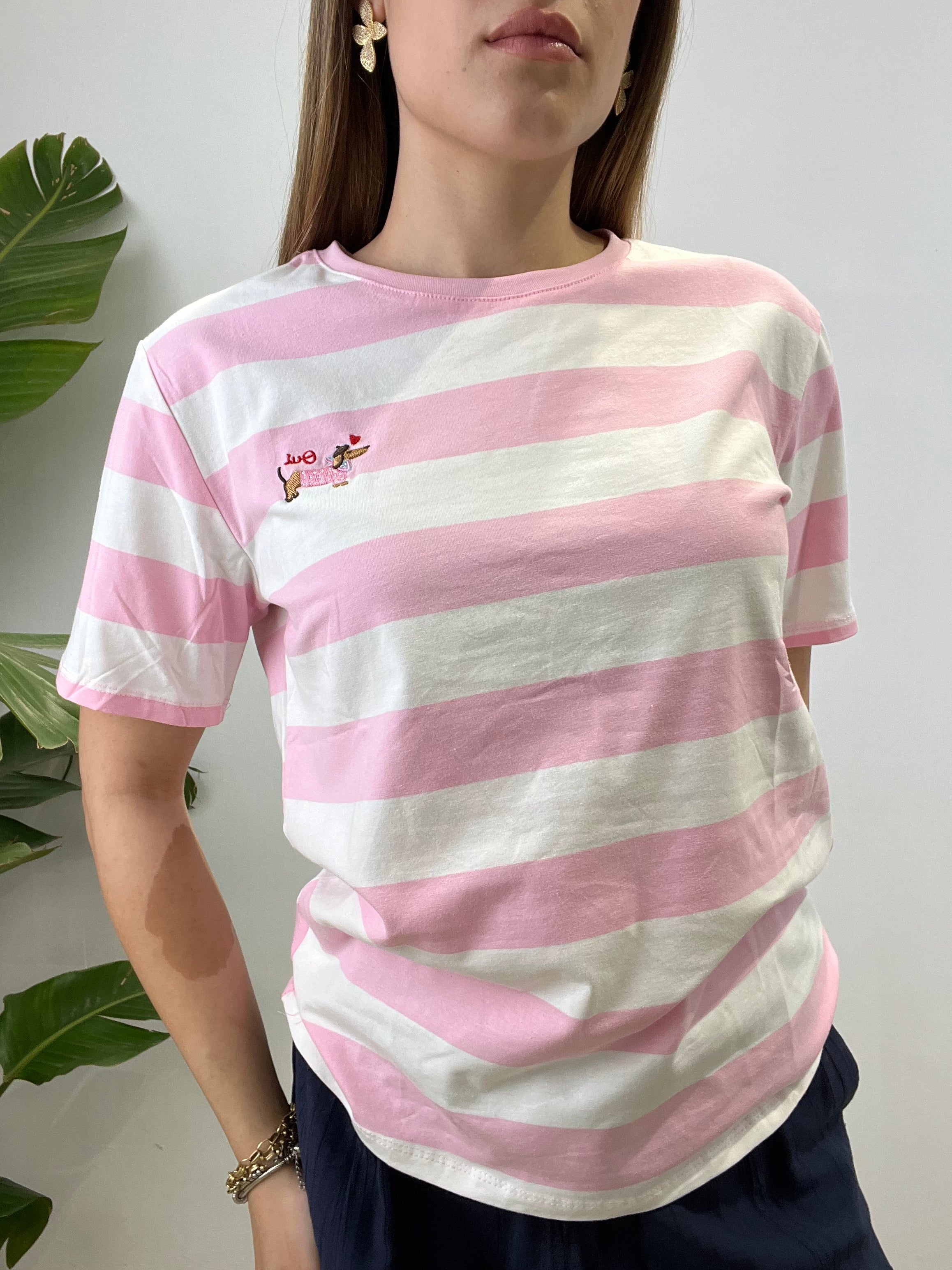 T-SHIRT RIGHE BASSOTTO ROSA