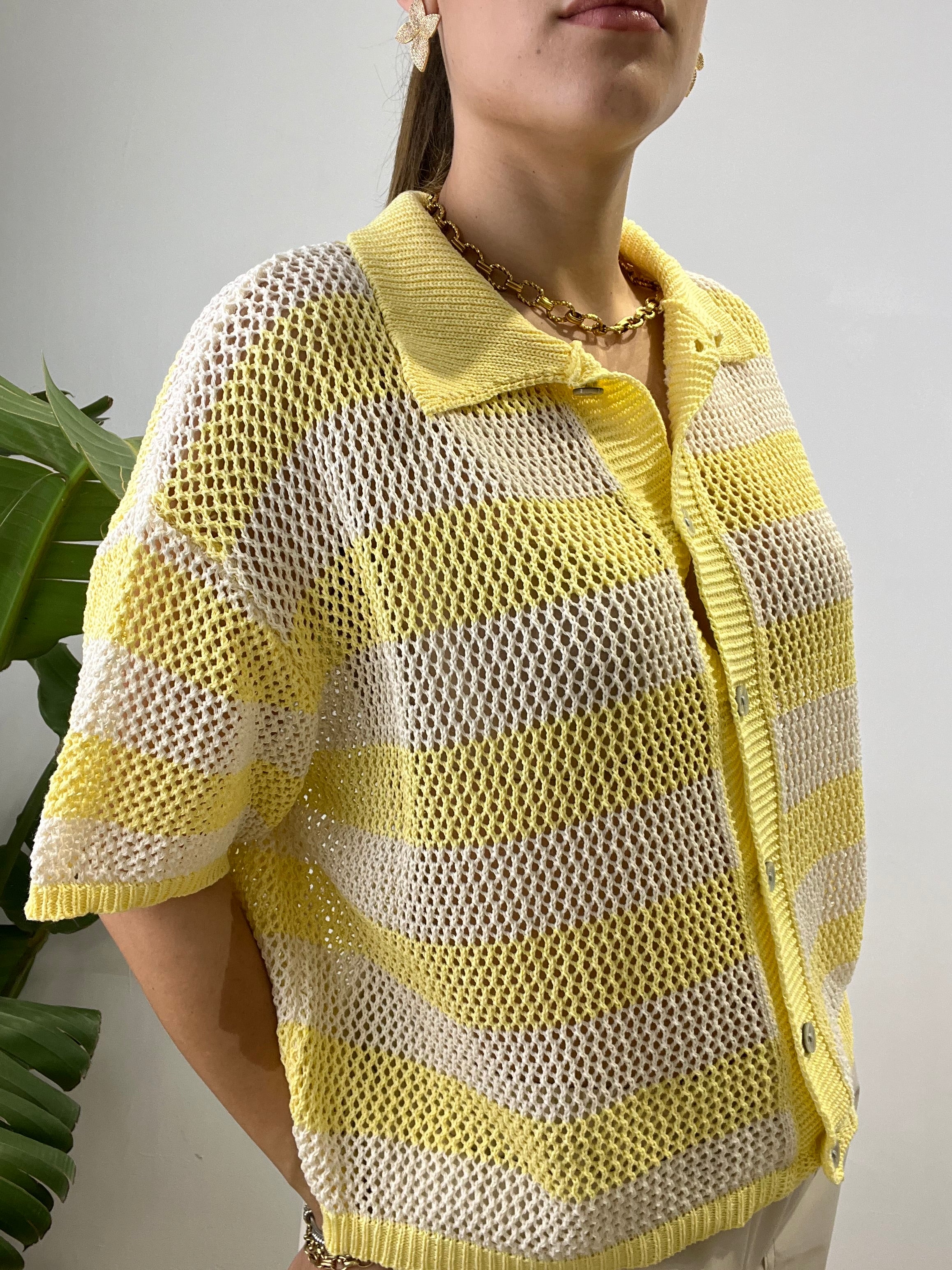 CARDIGAN POLO RIGHE CROCHET GIALLO
