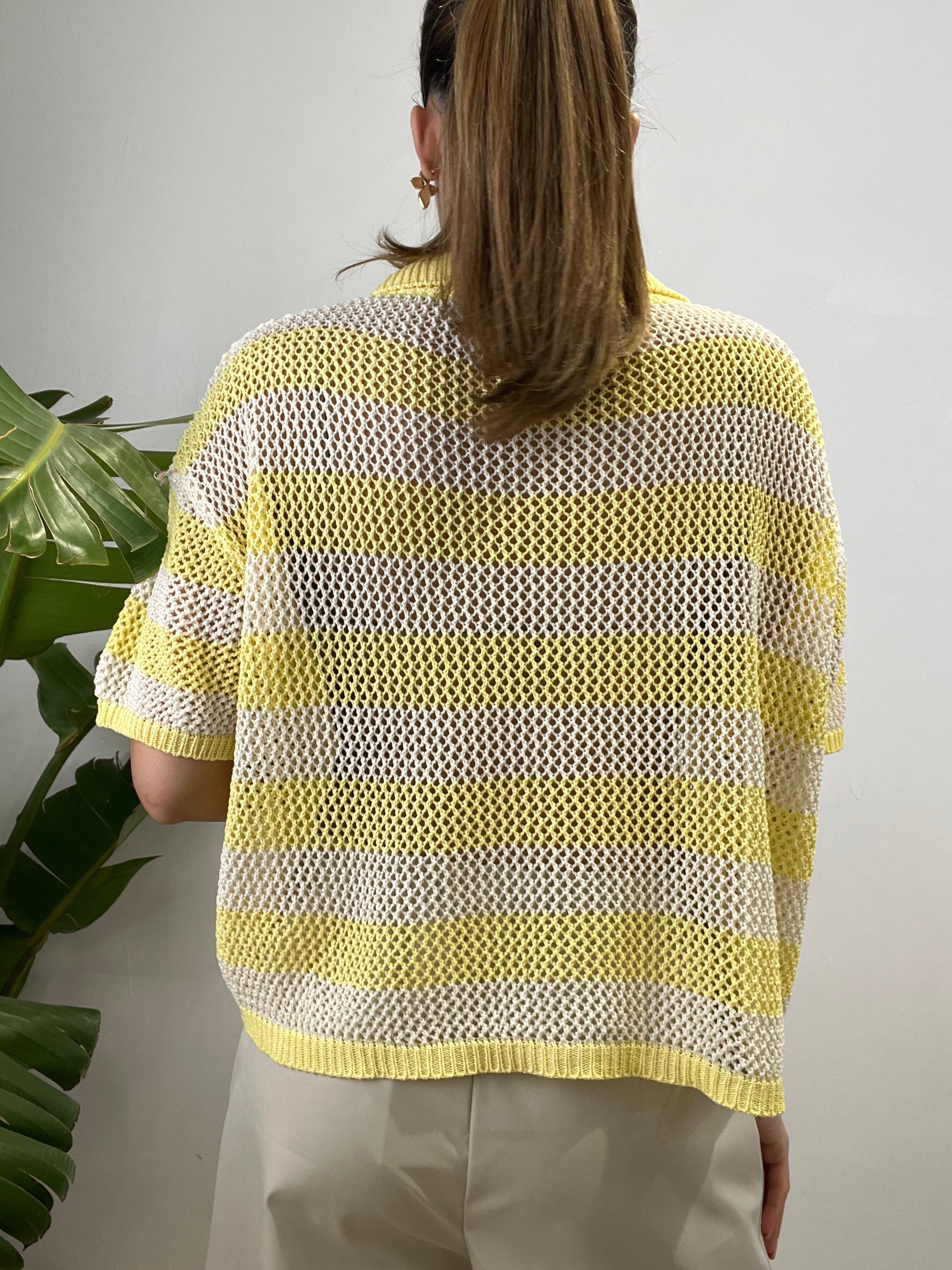 CARDIGAN POLO RIGHE CROCHET GIALLO