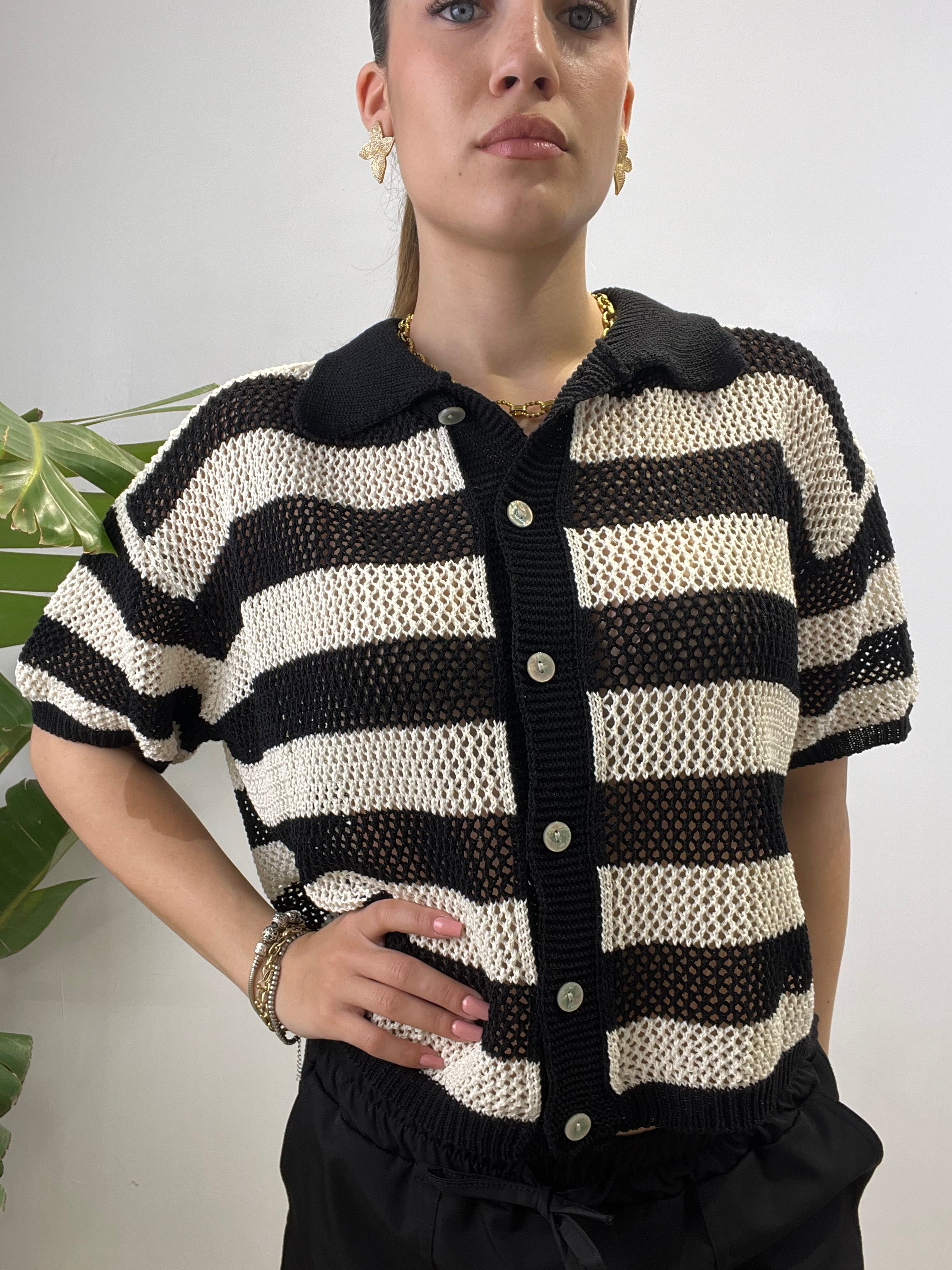 CARDIGAN POLO RIGHE CROCHET NERA