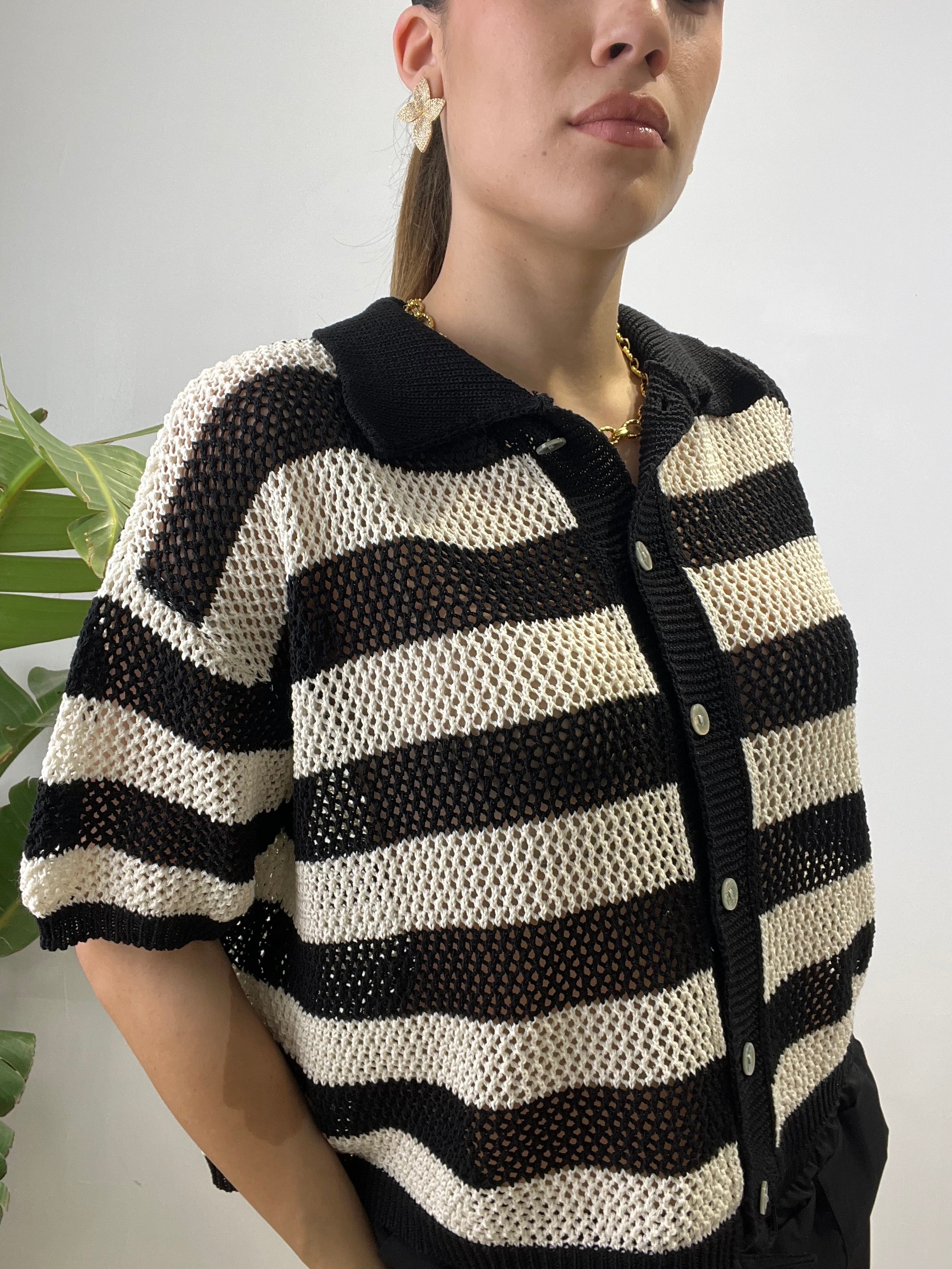 CARDIGAN POLO RIGHE CROCHET NERA
