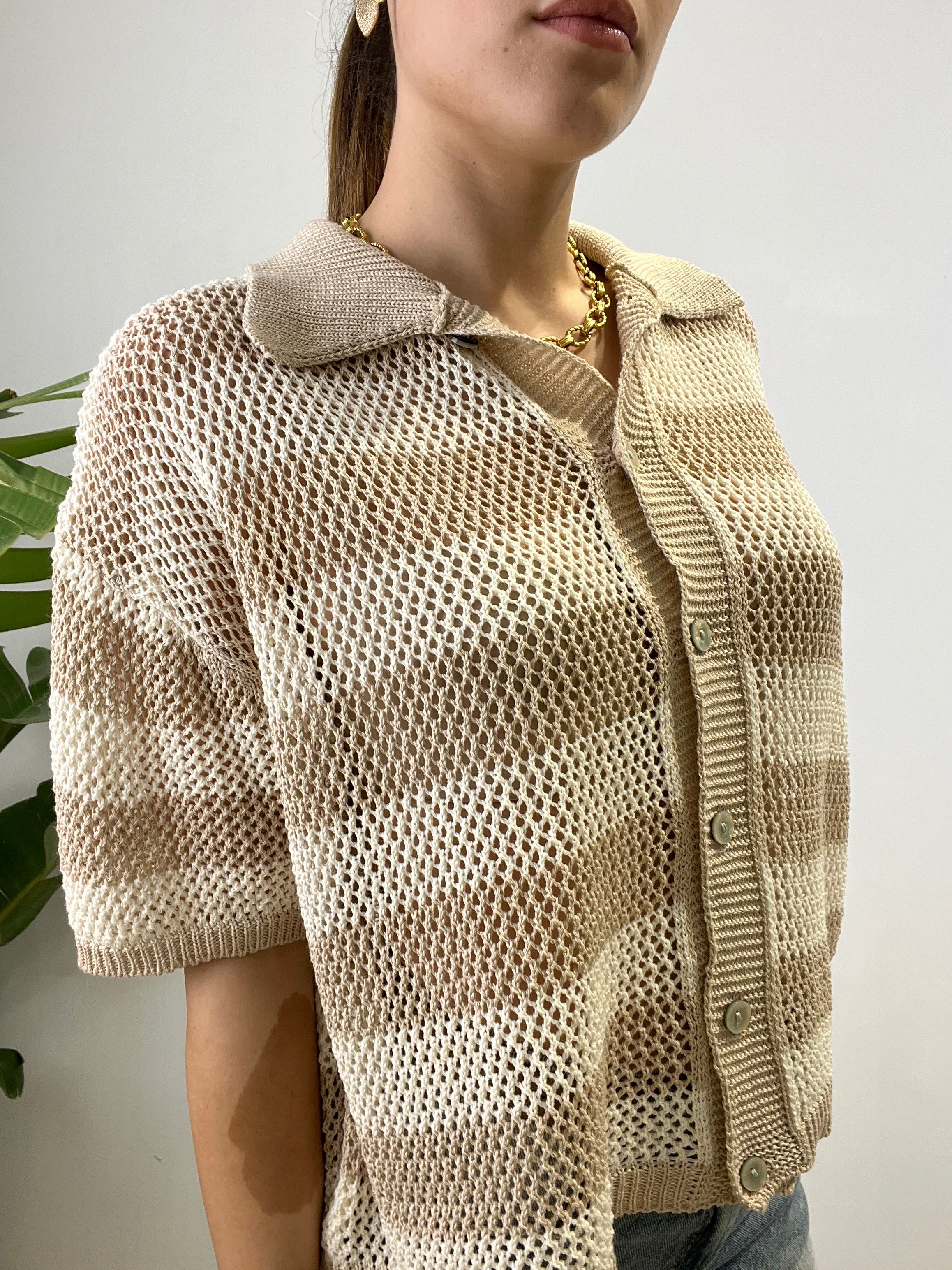 CARDIGAN POLO RIGHE CROCHET CAMEL
