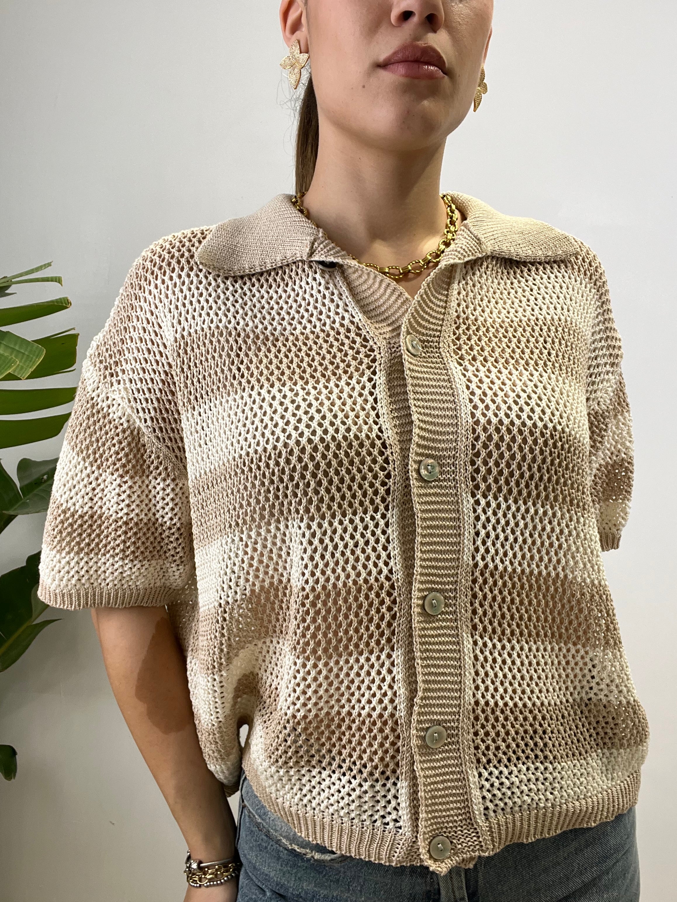 CARDIGAN POLO RIGHE CROCHET CAMEL
