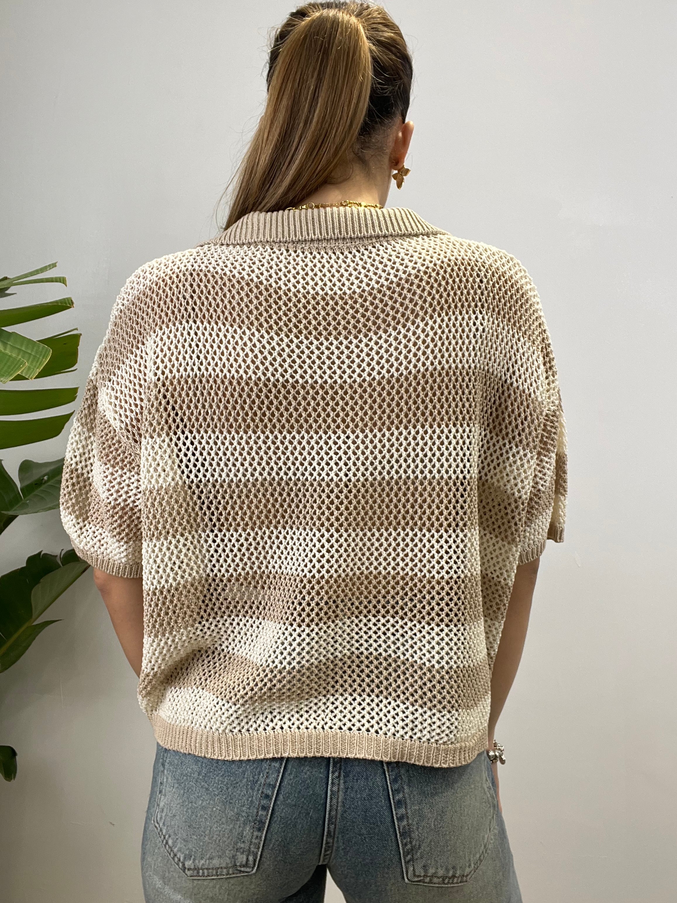 CARDIGAN POLO RIGHE CROCHET CAMEL