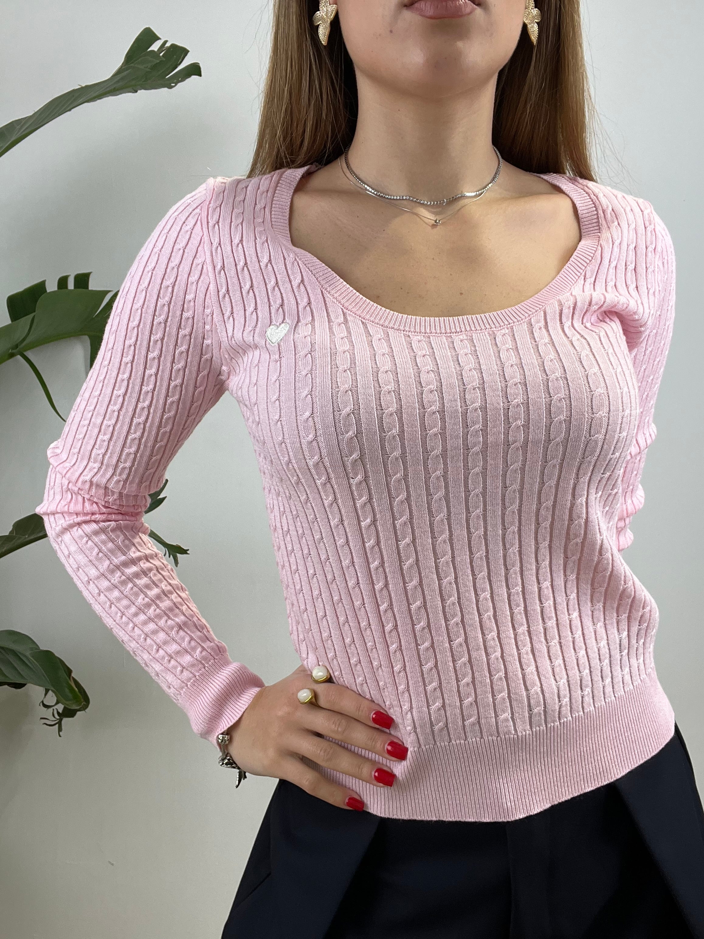MAGLIA TRECCINE CUORE ROSA