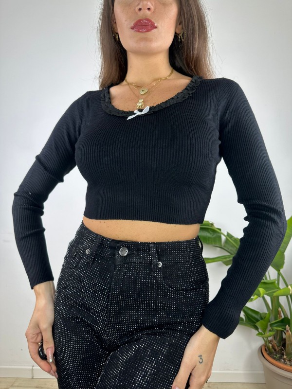MAGLIA CROP ROUCHES NERA MAGLIA CROP ROUCHES NERA