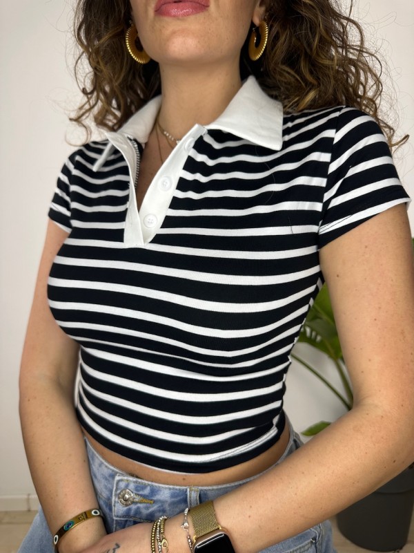 POLO CROP FIONY NERA RIGHE BIANCHE POLO CROP FIONY NERA RIGHE BIANCHE