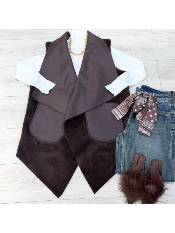 GILET SMANICATO ECOPELLICCIA MARRONE