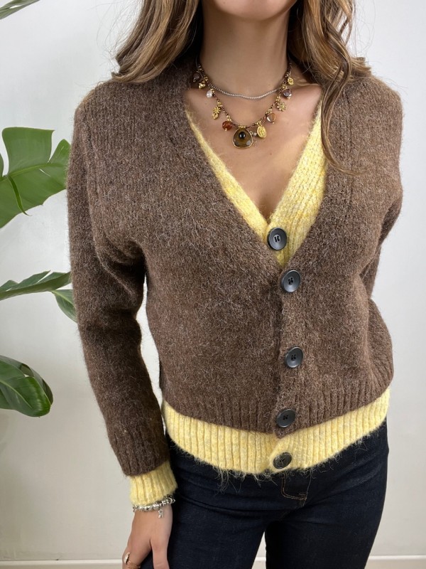 CARDIGAN FELICIA MARRONE CON GIALLO