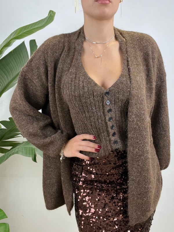 TWIN SET CANOTTA + CARDIGAN MARRONE