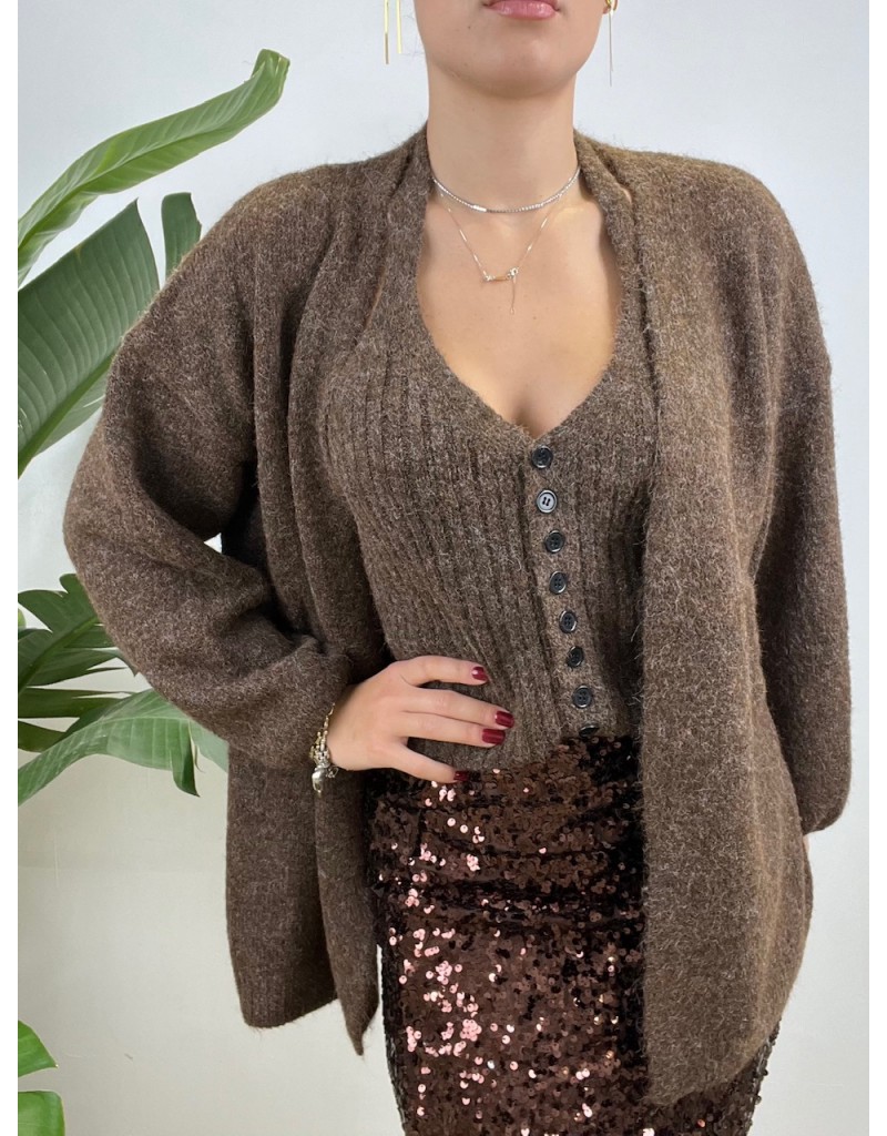 TWIN SET CANOTTA + CARDIGAN MARRONE