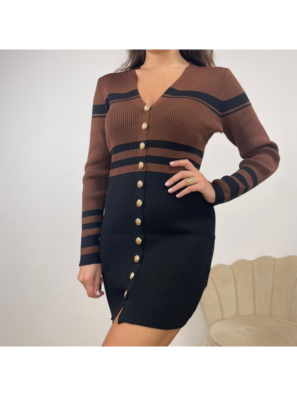 DRESS BICOLORE CON BOTTONI MARRONE DRESS BICOLORE CON BOTTONI MARRONE