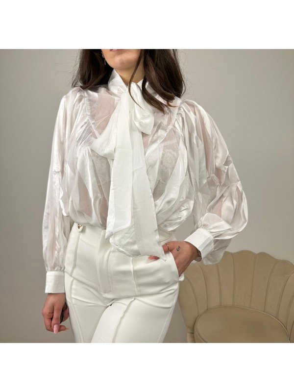 CAMICIA RIGHE CON FIOCCO BIANCA CAMICIA RIGHE CON FIOCCO BIANCA