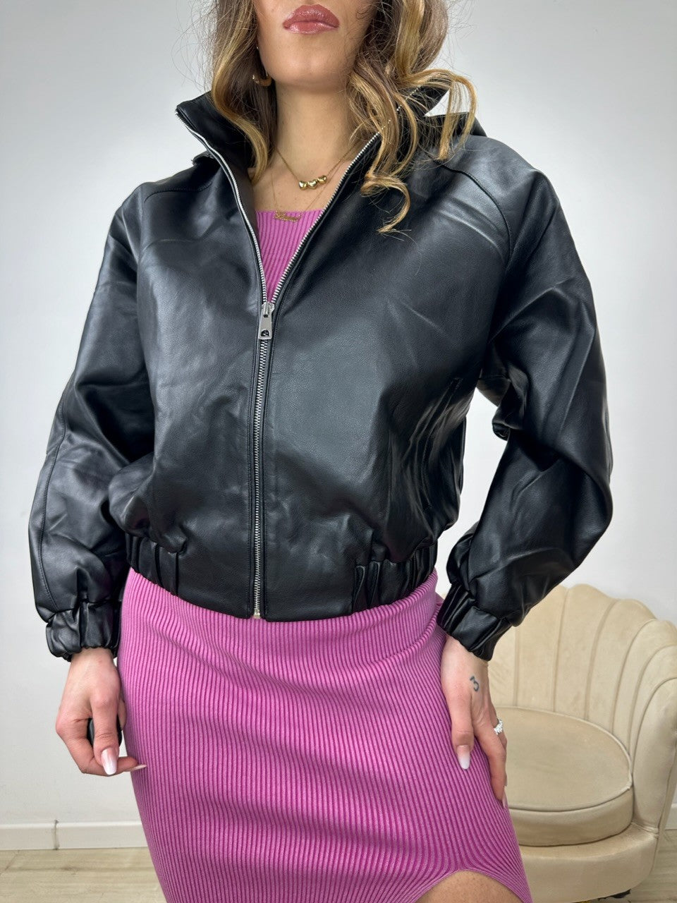 GIUBBINO BOMBER ECOPELLE NERO