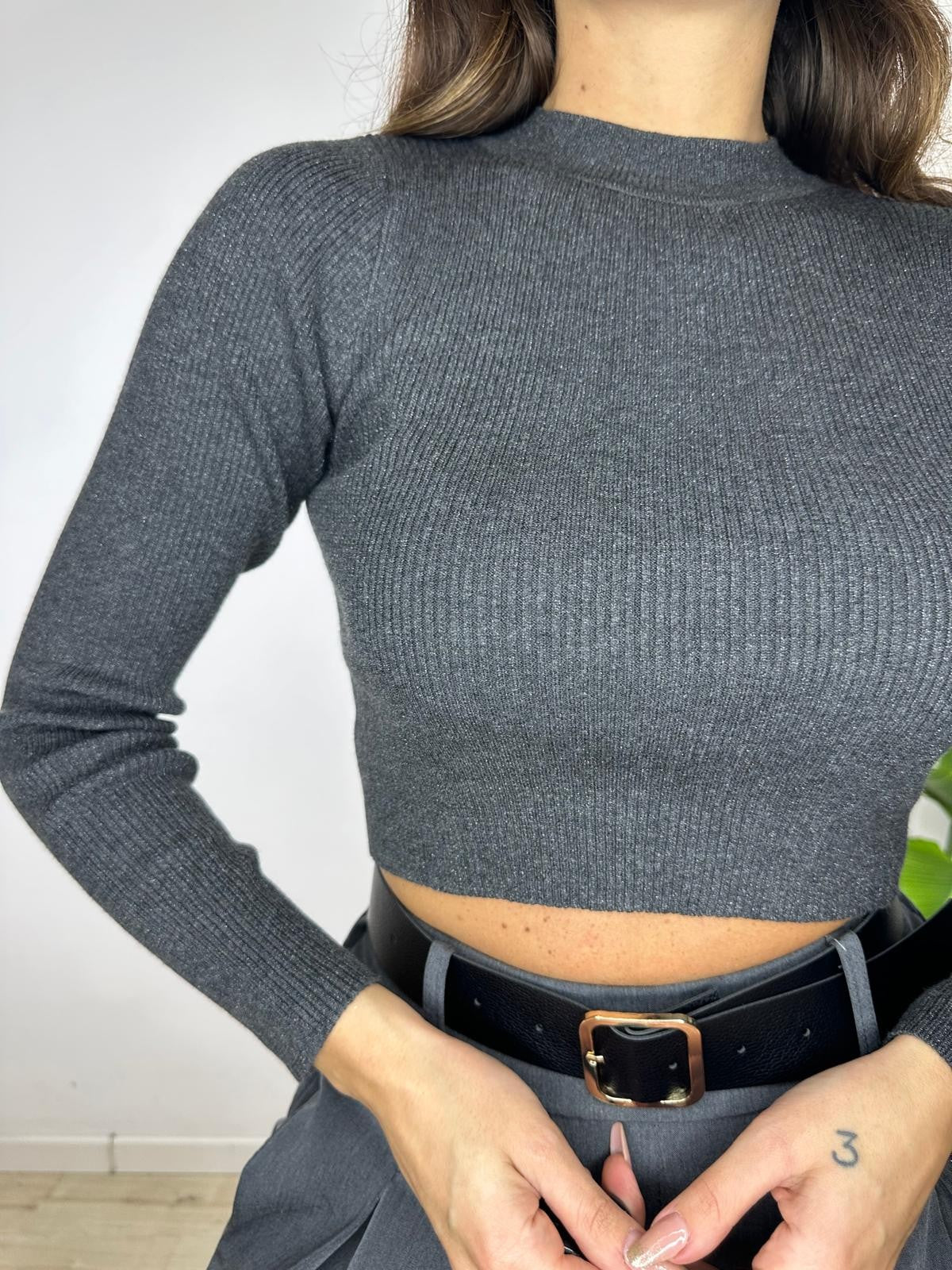 MAGLIA CROP LAMINATA GRIGIO