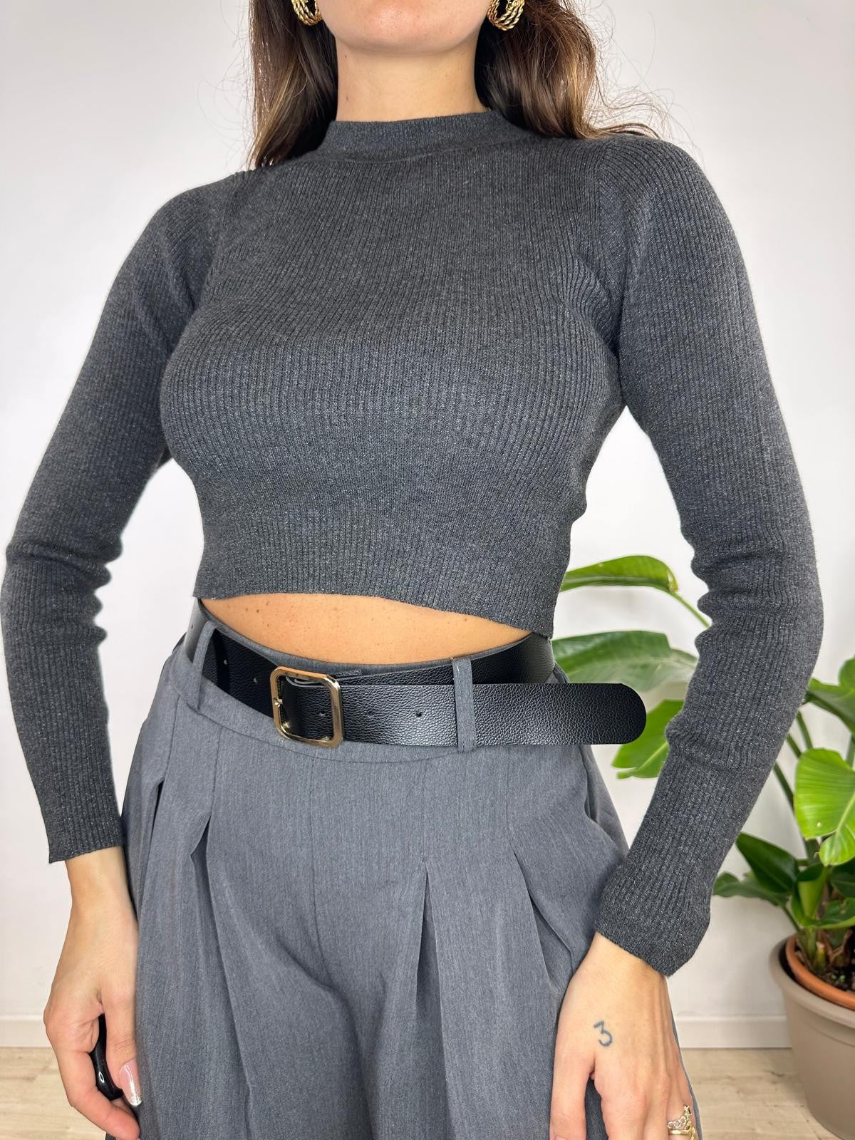 MAGLIA CROP LAMINATA GRIGIO