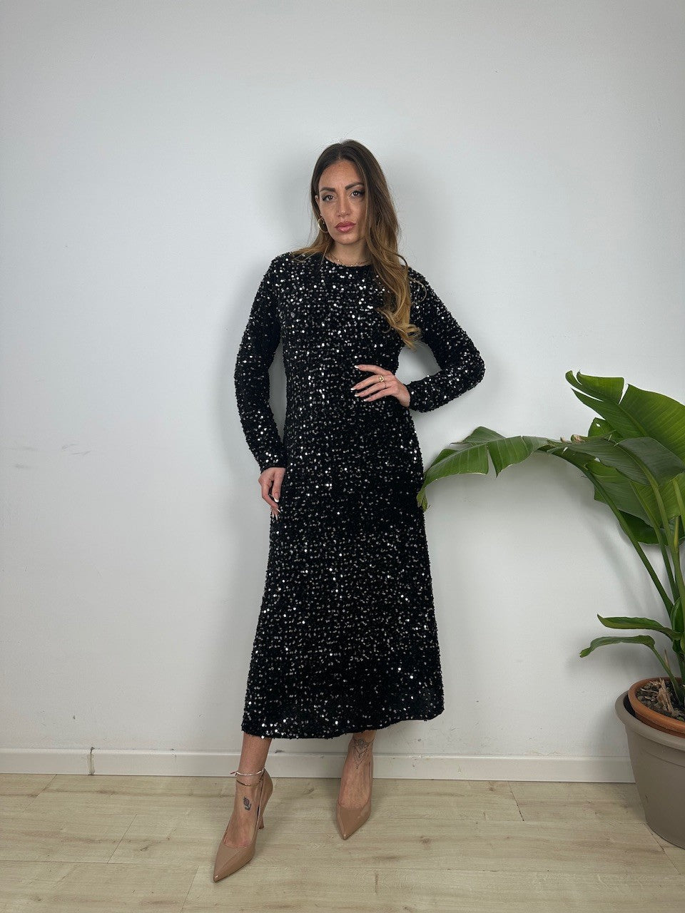 LONG DRESS PAILLETTES NERO