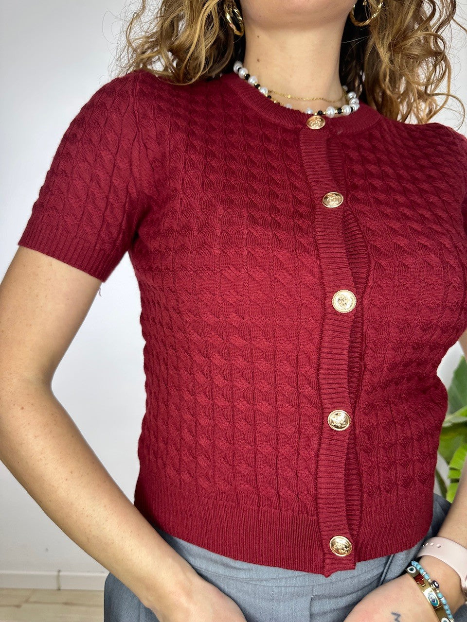PULL CARDIGAN TRECCINE BORDEAUX