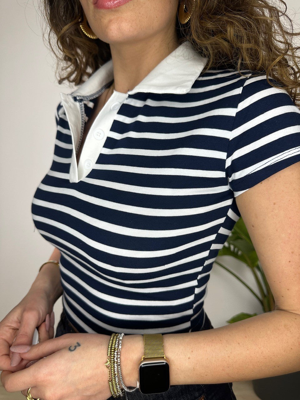 POLO CROP FIONY BLU RIGHE BIANCHE