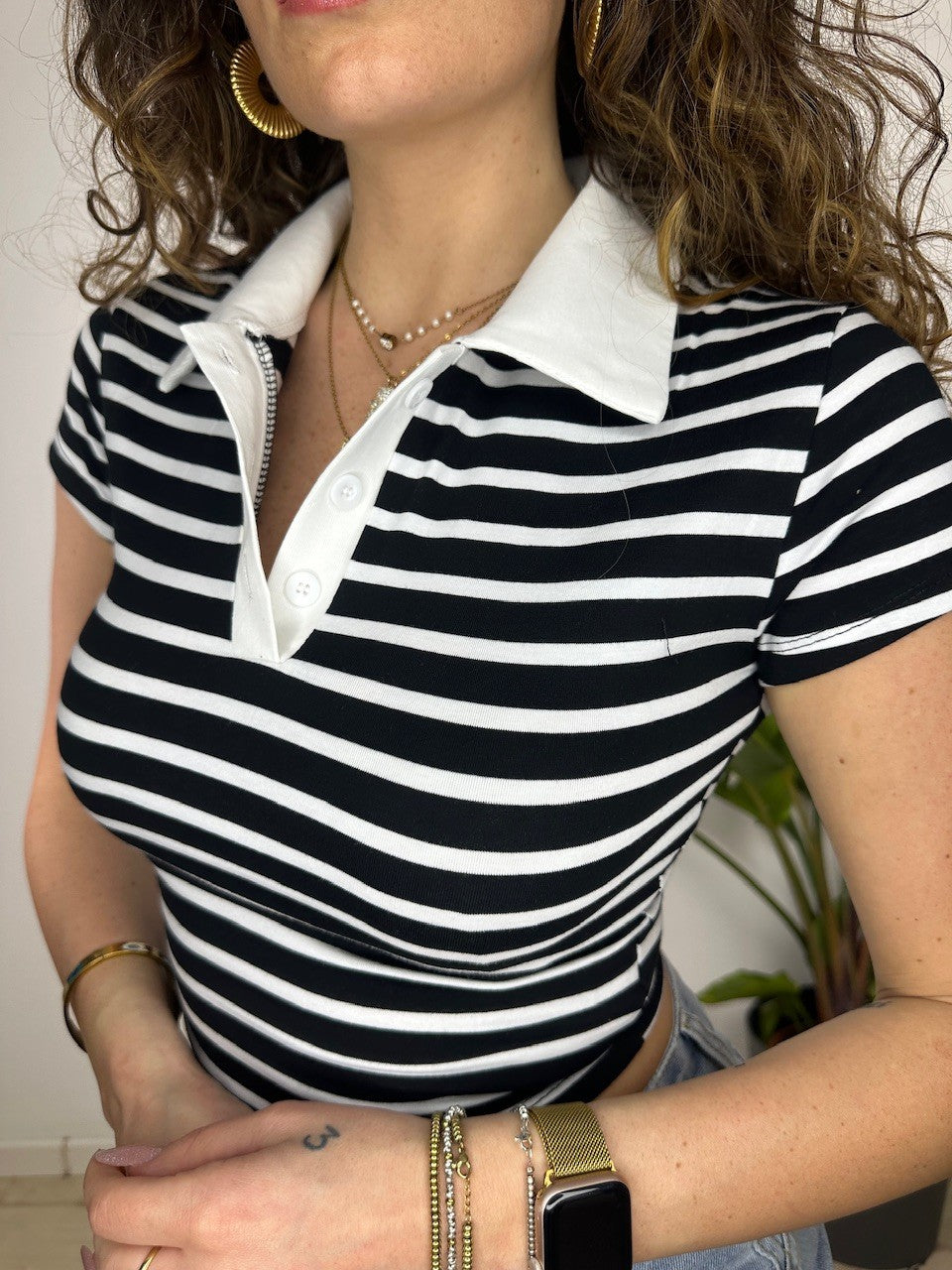 POLO CROP FIONY NERA RIGHE BIANCHE