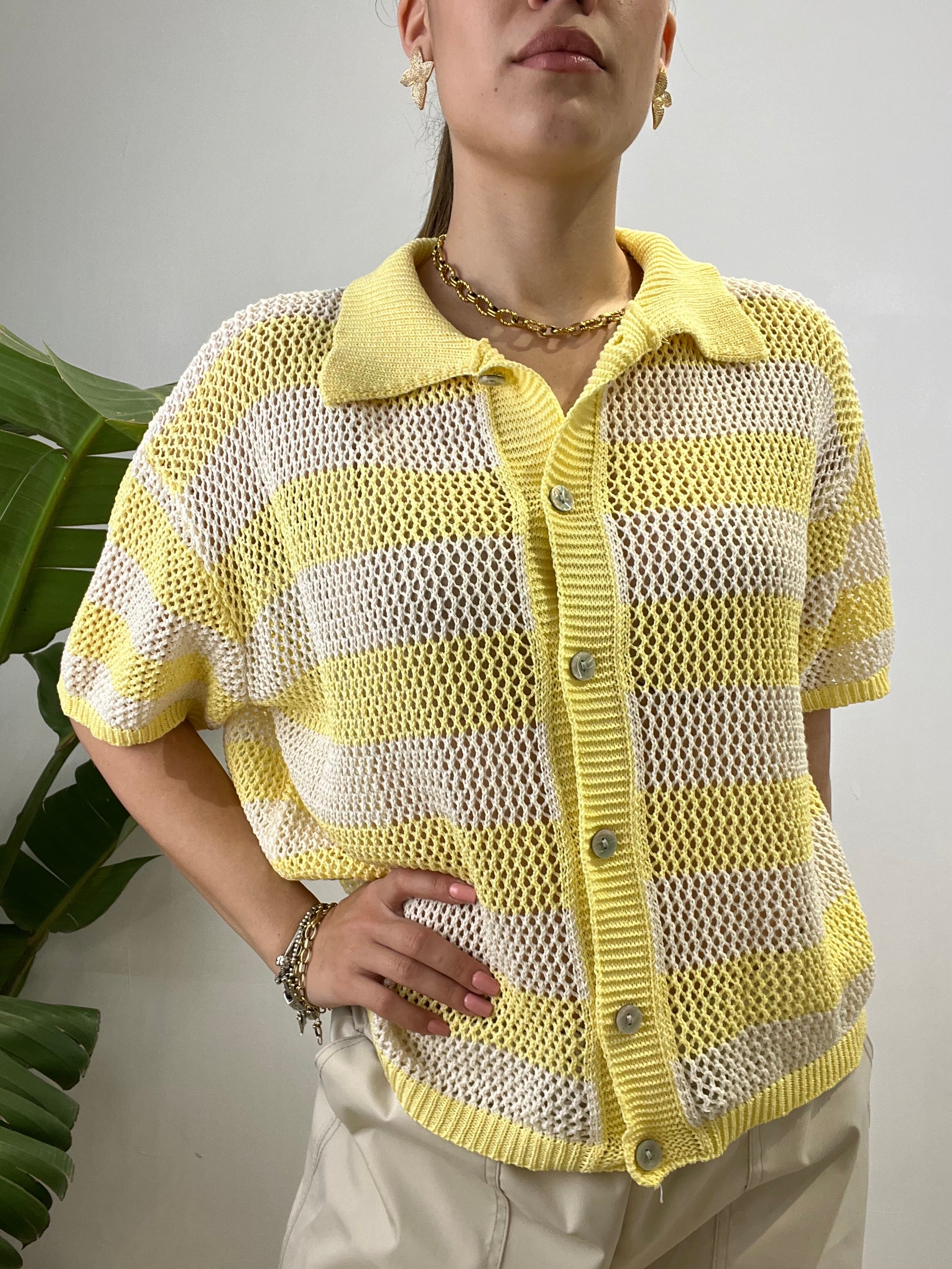 CARDIGAN POLO RIGHE CROCHET GIALLO
