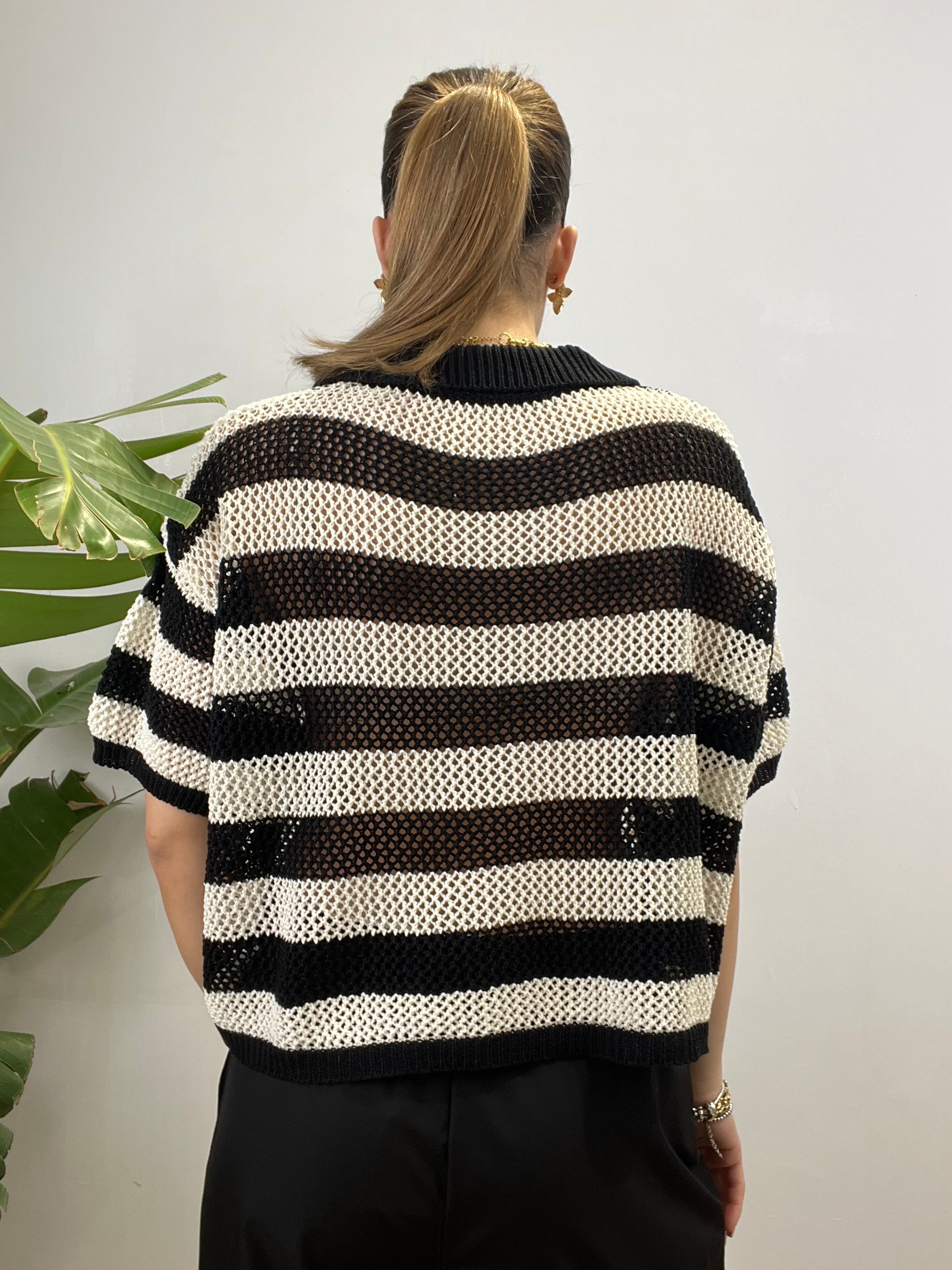 CARDIGAN POLO RIGHE CROCHET NERA